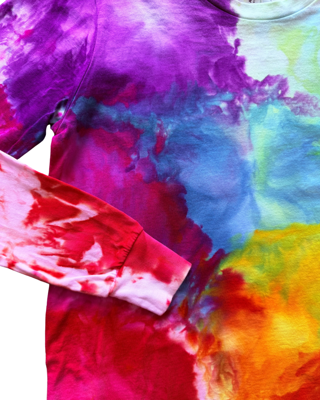 Close-up of a tie-dye shirt with vibrant colors.